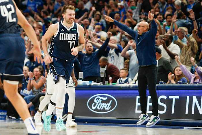 Luka Doncic smiles after nailing a crazy game-winning shot vs. the Brooklyn Nets.